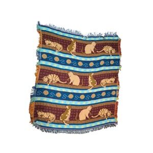 Vintage Cat Woven Throw Blanket Fringe Yarn Ball Fish Whimsical 90s